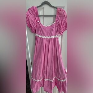 Pink Ruffle Sleeve Dress with White Ric Rac Trim